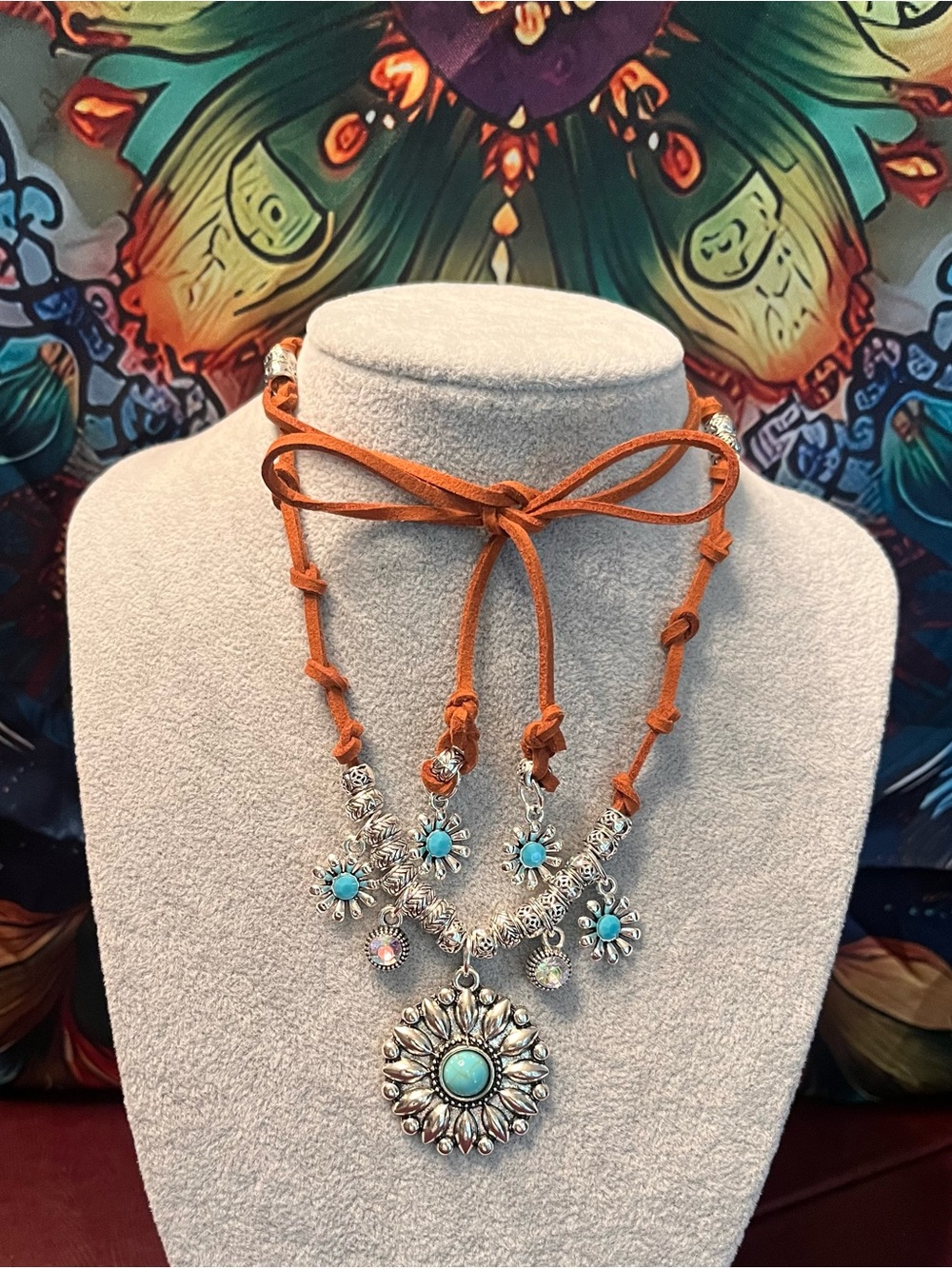 Bohemian Suede Corded “Desert Moon” Sunflower Handmade Necklace - Picture 5 of 8